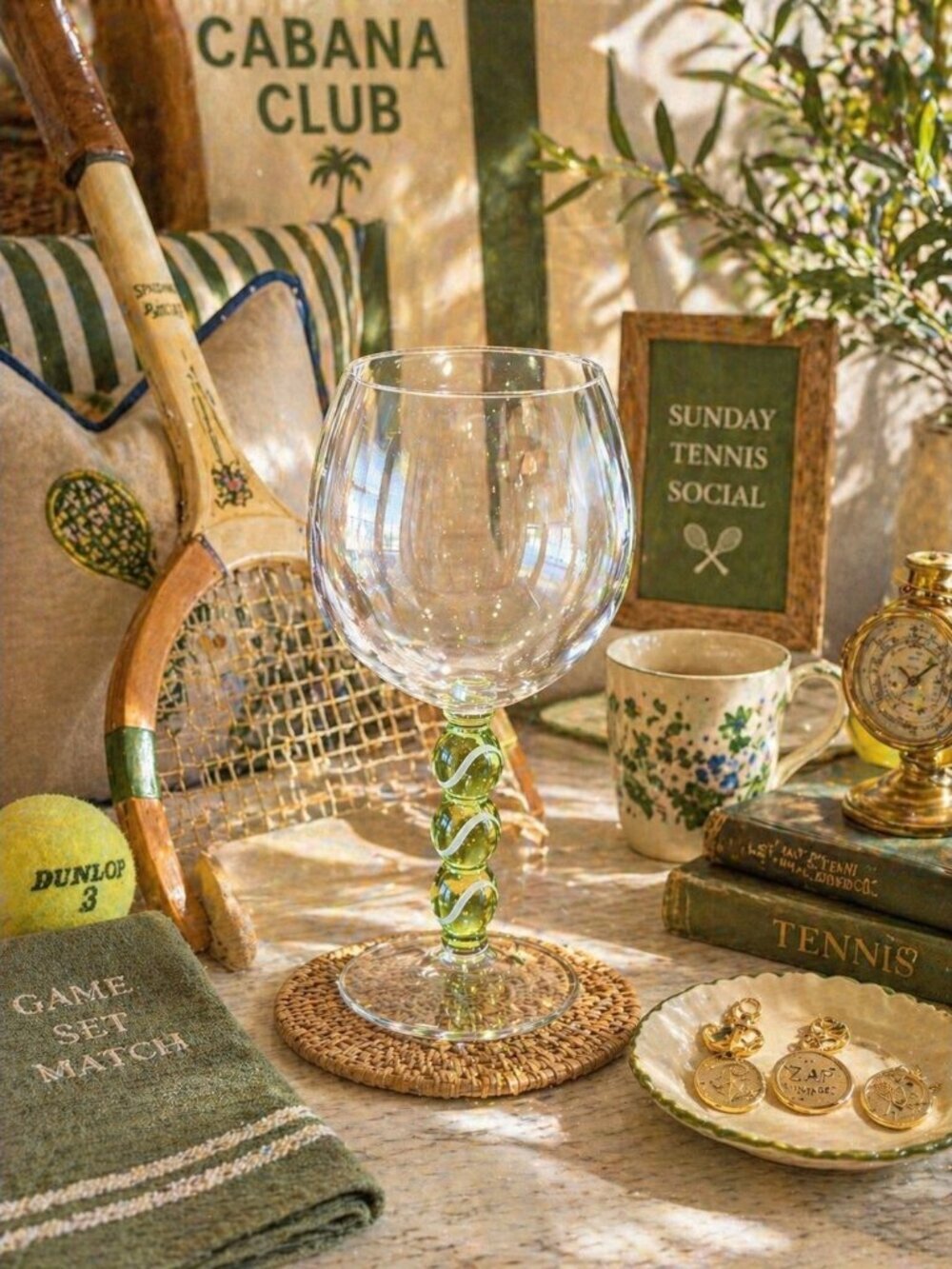 New Novelty Tennis Ball Stem Wine Glass Green Spiral Stem Goblet Barware Gift